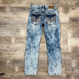 Y2K Affliction Blake Tie Die Red Stitches Flap Pockets Mens Jeans Size 30 x 32"